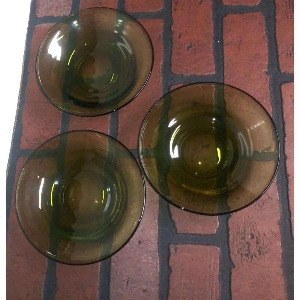 3 Anchor Hocking salad Bowls Avocado Green Glass Vintage 70s shallow wide mouth